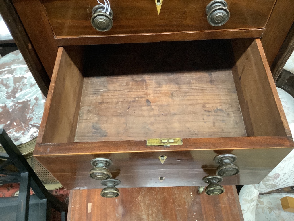 A Regency mahogany three drawer drop leaf work table, width 37cm depth 48cm height 76cm